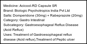 Information about Acicool-RD Capsule SR (Brand: Biologic Psychotropics India Pvt Ltd) - Uses: Treatment of Gastroesophageal reflux disease (Acid reflux),Treatment of Peptic ulcer disease