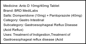 Information about Anto D 10mg/40mg Tablet (Brand: BRD MediLabs) - Uses: Treatment of Indigestion,Treatment of Gastroesophageal reflux disease (Acid reflux),Treatment of Gastritis