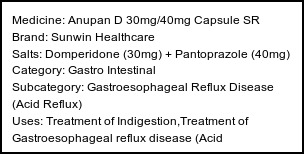 Information about Anupan D 30mg/40mg Capsule SR (Brand: Sunwin Healthcare) - Uses: Treatment of Indigestion,Treatment of Gastroesophageal reflux disease (Acid reflux),Treatment of Gastritis
