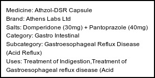 Information about Athzol-DSR Capsule (Brand: Athens Labs Ltd) - Uses: Treatment of Indigestion,Treatment of Gastroesophageal reflux disease (Acid reflux),Treatment of Gastritis