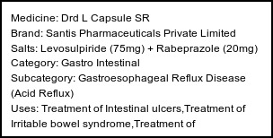 Information about Drd L Capsule SR (Brand: Santis Pharmaceuticals Private Limited) - Uses: Treatment of Intestinal ulcers,Treatment of Irritable bowel syndrome,Treatment of Gastroesophageal reflux disease (Acid reflux)