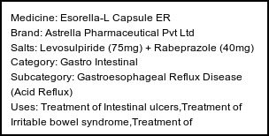 Information about Esorella-L Capsule ER (Brand: Astrella Pharmaceutical Pvt Ltd) - Uses: Treatment of Intestinal ulcers,Treatment of Irritable bowel syndrome,Treatment of Gastroesophageal reflux disease (Acid reflux)