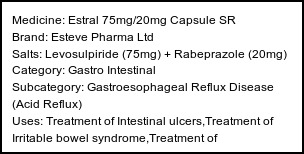 Information about Estral 75mg/20mg Capsule SR (Brand: Esteve Pharma Ltd) - Uses: Treatment of Intestinal ulcers,Treatment of Irritable bowel syndrome,Treatment of Gastroesophageal reflux disease (Acid reflux)