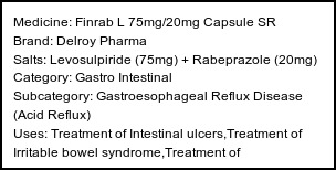 Information about Finrab L 75mg/20mg Capsule SR (Brand: Delroy Pharma) - Uses: Treatment of Intestinal ulcers,Treatment of Irritable bowel syndrome,Treatment of Gastroesophageal reflux disease (Acid reflux)