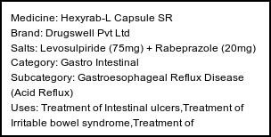 Information about Hexyrab-L Capsule SR (Brand: Drugswell Pvt Ltd) - Uses: Treatment of Intestinal ulcers,Treatment of Irritable bowel syndrome,Treatment of Gastroesophageal reflux disease (Acid reflux)