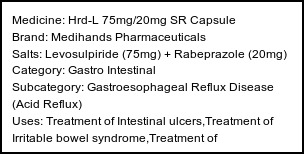 Information about Hrd-L 75mg/20mg SR Capsule (Brand: Medihands Pharmaceuticals) - Uses: Treatment of Intestinal ulcers,Treatment of Irritable bowel syndrome,Treatment of Gastroesophageal reflux disease (Acid reflux)