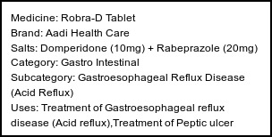 Information about Robra-D Tablet (Brand: Aadi Health Care) - Uses: Treatment of Gastroesophageal reflux disease (Acid reflux),Treatment of Peptic ulcer disease