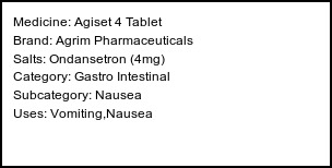 Information about Agiset 4 Tablet (Brand: Agrim Pharmaceuticals) - Uses: Vomiting,Nausea