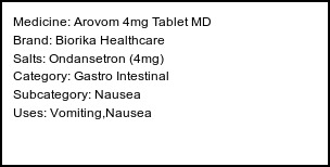 Information about Arovom 4mg Tablet MD (Brand: Biorika Healthcare) - Uses: Vomiting,Nausea