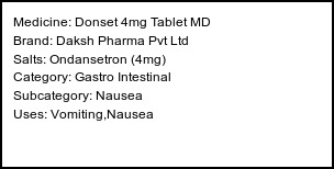 Information about Donset 4mg Tablet MD (Brand: Daksh Pharma Pvt Ltd) - Uses: Vomiting,Nausea