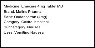 Information about Emecure 4mg Tablet MD (Brand: Matins Pharma) - Uses: Vomiting,Nausea