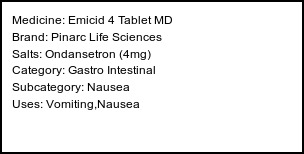 Information about Emicid 4 Tablet MD (Brand: Pinarc Life Sciences) - Uses: Vomiting,Nausea