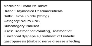 Information about Evorid 25 Tablet (Brand: Raymedica Pharmaceuticals) - Uses: Treatment of Vomiting,Treatment of Functional dyspepsia,Treatment of Diabetic gastroparesis (diabetic nerve disease affecting stomach),Treatment of Nausea
