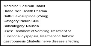 Information about Lesuwin Tablet (Brand: Win Health Pharma) - Uses: Treatment of Vomiting,Treatment of Functional dyspepsia,Treatment of Diabetic gastroparesis (diabetic nerve disease affecting stomach),Treatment of Nausea