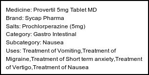 Information about Provertil 5mg Tablet MD (Brand: Sycap Pharma) - Uses: Treatment of Vomiting,Treatment of Migraine,Treatment of Short term anxiety,Treatment of Vertigo,Treatment of Nausea