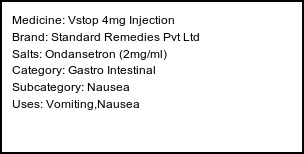 Information about Vstop 4mg Injection (Brand: Standard Remedies Pvt Ltd) - Uses: Vomiting,Nausea
