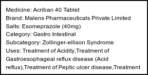Information about Acriban 40 Tablet (Brand: Malens Pharmaceuticals Private Limited) - Uses: Treatment of Acidity,Treatment of Gastroesophageal reflux disease (Acid reflux),Treatment of Peptic ulcer disease,Treatment of Zollinger-Ellison syndrome