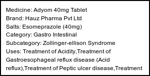 Information about Adyom 40mg Tablet (Brand: Hauz Pharma Pvt Ltd) - Uses: Treatment of Acidity,Treatment of Gastroesophageal reflux disease (Acid reflux),Treatment of Peptic ulcer disease,Treatment of Zollinger-Ellison syndrome