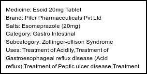 Information about Escid 20mg Tablet (Brand: Pifer Pharmaceuticals Pvt Ltd) - Uses: Treatment of Acidity,Treatment of Gastroesophageal reflux disease (Acid reflux),Treatment of Peptic ulcer disease,Treatment of Zollinger-Ellison syndrome