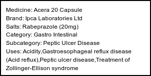 Information about Acera 20 Capsule (Brand: Ipca Laboratories Ltd) - Uses: Acidity,Gastroesophageal reflux disease (Acid reflux),Peptic ulcer disease,Treatment of Zollinger-Ellison syndrome