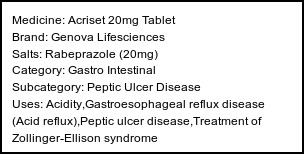 Information about Acriset 20mg Tablet (Brand: Genova Lifesciences) - Uses: Acidity,Gastroesophageal reflux disease (Acid reflux),Peptic ulcer disease,Treatment of Zollinger-Ellison syndrome