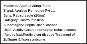 Information about Ageflux 20mg Tablet (Brand: Aegisco Remedies Pvt Ltd) - Uses: Acidity,Gastroesophageal reflux disease (Acid reflux),Peptic ulcer disease,Treatment of Zollinger-Ellison syndrome