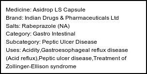 Information about Asidrop LS Capsule (Brand: Indian Drugs & Pharmaceuticals Ltd) - Uses: Acidity,Gastroesophageal reflux disease (Acid reflux),Peptic ulcer disease,Treatment of Zollinger-Ellison syndrome