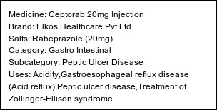 Information about Ceptorab 20mg Injection (Brand: Elkos Healthcare Pvt Ltd) - Uses: Acidity,Gastroesophageal reflux disease (Acid reflux),Peptic ulcer disease,Treatment of Zollinger-Ellison syndrome