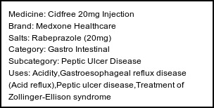 Information about Cidfree 20mg Injection (Brand: Medxone Healthcare) - Uses: Acidity,Gastroesophageal reflux disease (Acid reflux),Peptic ulcer disease,Treatment of Zollinger-Ellison syndrome