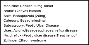 Information about Cozirab 20mg Tablet (Brand: Glenvox Biotech) - Uses: Acidity,Gastroesophageal reflux disease (Acid reflux),Peptic ulcer disease,Treatment of Zollinger-Ellison syndrome