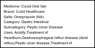 Information about Cucid Oral Gel (Brand: Cubit Healthcare) - Uses: Acidity,Treatment of Heartburn,Gastroesophageal reflux disease (Acid reflux),Peptic ulcer disease,Treatment of Zollinger-Ellison syndrome