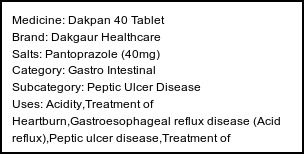 Information about Dakpan 40 Tablet (Brand: Dakgaur Healthcare) - Uses: Acidity,Treatment of Heartburn,Gastroesophageal reflux disease (Acid reflux),Peptic ulcer disease,Treatment of Zollinger-Ellison syndrome