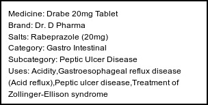 Information about Drabe 20mg Tablet (Brand: Dr. D Pharma) - Uses: Acidity,Gastroesophageal reflux disease (Acid reflux),Peptic ulcer disease,Treatment of Zollinger-Ellison syndrome