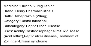Information about Drrenol 20mg Tablet (Brand: Henry Pharmaceuticals) - Uses: Acidity,Gastroesophageal reflux disease (Acid reflux),Peptic ulcer disease,Treatment of Zollinger-Ellison syndrome