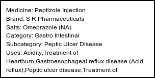 Information about Peptizole Injection (Brand: S R Pharmaceuticals) - Uses: Acidity,Treatment of Heartburn,Gastroesophageal reflux disease (Acid reflux),Peptic ulcer disease,Treatment of Zollinger-Ellison syndrome