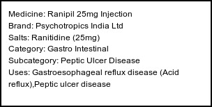 Information about Ranipil 25mg Injection (Brand: Psychotropics India Ltd) - Uses: Gastroesophageal reflux disease (Acid reflux),Peptic ulcer disease