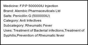 Information about F.P.P 500000IU Injection (Brand: Alembic Pharmaceuticals Ltd) - Uses: Treatment of Bacterial infections,Treatment of Syphilis,Prevention of Rheumatic fever