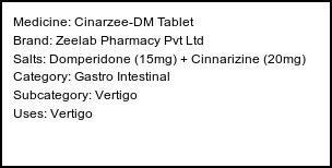 Information about Cinarzee-DM Tablet (Brand: Zeelab Pharmacy Pvt Ltd) - Uses: Vertigo