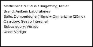 Information about CNZ Plus 10mg/25mg Tablet (Brand: Anikem Laboratories) - Uses: Vertigo