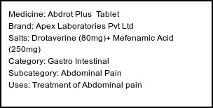 Information about Abdrot Plus Tablet (Brand: Apex Laboratories Pvt Ltd) - Uses: Treatment of Abdominal pain