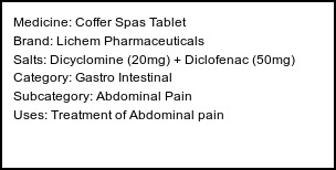 Information about Coffer Spas Tablet (Brand: Lichem Pharmaceuticals) - Uses: Treatment of Abdominal pain