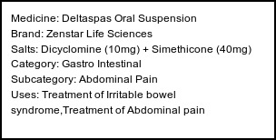 Information about Deltaspas Oral Suspension (Brand: Zenstar Life Sciences) - Uses: Treatment of Irritable bowel syndrome,Treatment of Abdominal pain