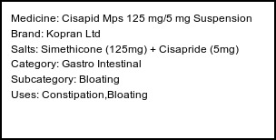 Information about Cisapid Mps 125 mg/5 mg Suspension (Brand: Kopran Ltd) - Uses: Constipation,Bloating