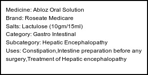 Information about Abloz Oral Solution (Brand: Roseate Medicare) - Uses: Constipation,Intestine preparation before any surgery,Treatment of Hepatic encephalopathy