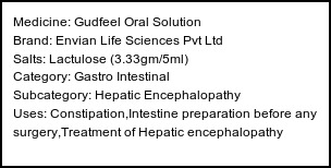 Information about Gudfeel Oral Solution (Brand: Envian Life Sciences Pvt Ltd) - Uses: Constipation,Intestine preparation before any surgery,Treatment of Hepatic encephalopathy