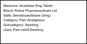 Information about Analdase 5mg Tablet (Brand: Rubra Pharmaceuticals Ltd) - Uses: Pain relief,Swelling