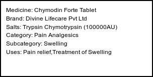 Information about Chymodin Forte Tablet (Brand: Divine Lifecare Pvt Ltd) - Uses: Pain relief,Treatment of Swelling