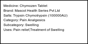 Information about Chymozen Tablet (Brand: Mascot Health Series Pvt Ltd) - Uses: Pain relief,Treatment of Swelling