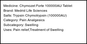 Information about Chymozet Forte 100000AU Tablet (Brand: Medrid Life Sciences) - Uses: Pain relief,Treatment of Swelling