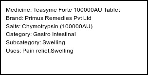 Information about Teasyme Forte 100000AU Tablet (Brand: Primus Remedies Pvt Ltd) - Uses: Pain relief,Swelling